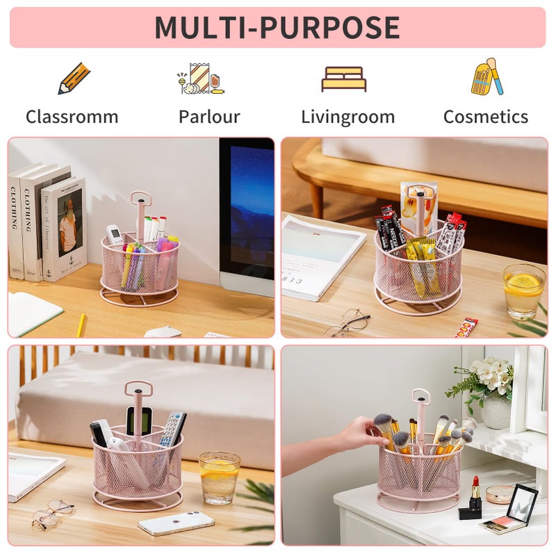 Marbrasse Mesh Desk Organizer  360-Degree Rotating Multi-Functional Pen Holder  4 Compartments Desktop Stationary Organizer  Home Office Art Supply Storage Box Caddy (Pink) - Image 3
